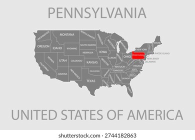 Pensylvania State, USA, vector map isolated on United states map. Editable blank vector map of USA.