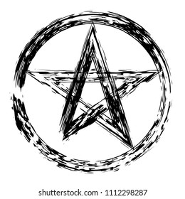 Pentacle brush symbol. Pentacle grunge style. Pentacle ink icon. Religious sign. Wicca and Neopaganism.
