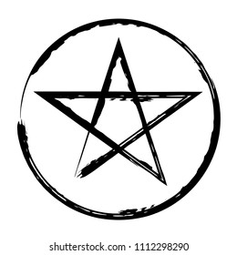 Pentacle brush symbol. Pentacle grunge style. Pentacle ink icon. Religious sign. Wicca and Neopaganism.