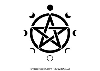 Pentacle circle symbol and Phases of the moon. Wiccan symbol, full moon, waning, waxing, first quarter, gibbous, crescent, third quarter. Vector mystic logo isolated on white background 