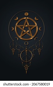 Pentacle circle symbol and Phases of the moon. Boho style Wiccan symbol, full moon, waning, waxing, first quarter, gibbous, crescent, third quarter. Vector mystic logo isolated on black background 