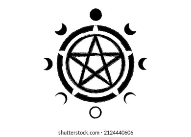 Pentacle circle symbol and Phases of the moon. Wiccan symbol, full moon, waning, waxing, first quarter, gibbous, crescent, third quarter. Vector mystic grunge logo isolated on white background 