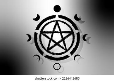 Pentacle circle symbol and Phases of the moon. Wiccan symbol, full moon, waning, waxing, first quarter, gibbous, crescent, third quarter. Vector mystic grunge logo isolated on gradient background 