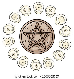 Pentacle occult sign in a circle of white candles. Wooden pentagram hand drawn magic doodle. Wiccan altar setting. Hand drawn wicca image