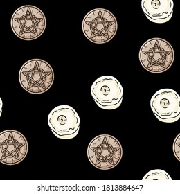 Pentacles and candles occult signs comic style doodles top view seamless pattern. Wooden pentagrams hand drawn magic bohemian template texture background tile