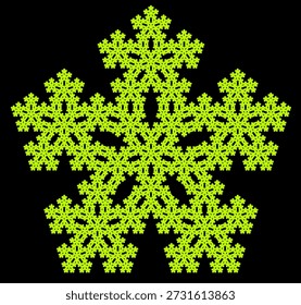 Patrón de Fractal Pentaflake sobre un fondo negro, creado a partir de pentágonos regulares verdes con una estructura geométrica abstracta, diseño único y auto-similitud. Adecuado para ilustración matemática, científica y educativa, fondo y diseño de carteles.