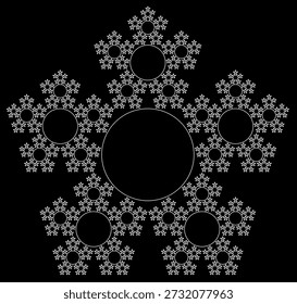 Patrón de Fractal pentaflake sobre un fondo negro, creado a partir de Formas circulares blancas con una estructura geométrica abstracta, simetría, singularidad, auto-similitud. Conveniente para la ilustración matemática, científica y educativa, fondo, cartel, decoración.