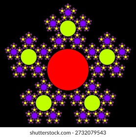 Patrón de Fractal Pentaflake sobre un fondo negro, creado a partir de Formas circulares de colores con una estructura geométrica abstracta, simetría, singularidad, auto-similitud. Conveniente para la ilustración matemática, científica y educativa, fondo, cartel, decoración.
