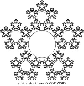 Patrón de Fractal pentaflake sobre un fondo blanco, creado a partir de Formas circulares negras con una estructura geométrica abstracta, simetría, singularidad, autosimilitud. Conveniente para la ilustración matemática, científica y educativa, fondo, cartel, decoración.