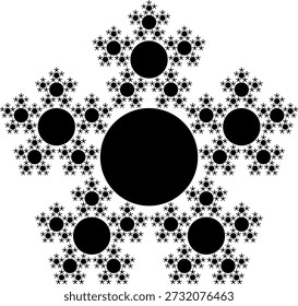 Patrón de Fractal pentaflake sobre un fondo blanco, creado a partir de Formas circulares negras con una estructura geométrica abstracta, simetría, singularidad, autosimilitud. Conveniente para la ilustración matemática, científica y educativa, fondo, cartel, decoración.