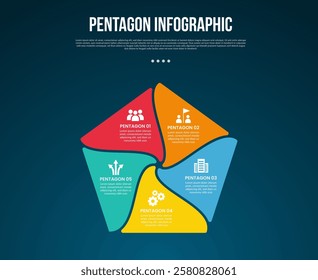 pentagon base shape template infographic with creative swirl separation from center with dark background style for slide presentation vector