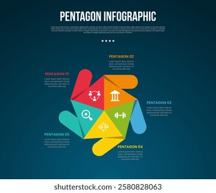 pentagon base shape template infographic with pentagon piechart with round rectangle circular with dark background style for slide presentation vector