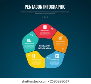 pentagon base shape template infographic with round shape and swirl fluid inside with dark background style for slide presentation vector