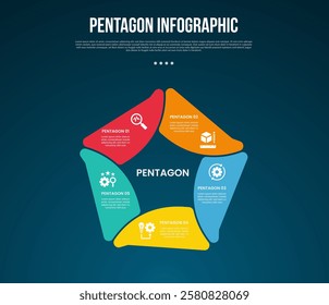 pentagon base shape template infographic with piechart separation with round shape part with dark background style for slide presentation vector