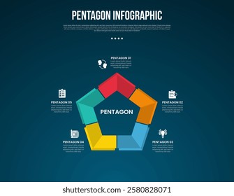 pentagon base shape template infographic with 3d shape with dark edge with dark background style for slide presentation vector