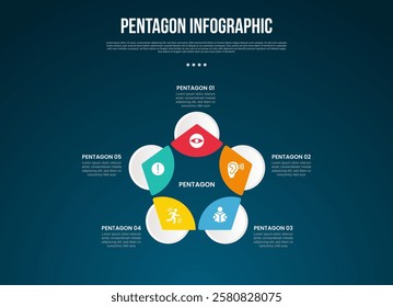 pentagon base shape template infographic with white circle on edge venn blending with dark background style for slide presentation vector