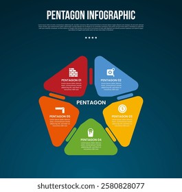 pentagon base shape template infographic with round triangle shape connection with dark background style for slide presentation vector