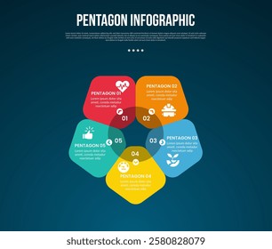 pentagon base shape template infographic with round shape component part with circle shadow on center with dark background style for slide presentation vector