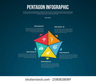 pentagon base shape template infographic with piechart distance with small arrow direction with dark background style for slide presentation vector