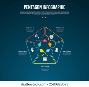 pentagon base shape template infographic with creative outline shape component with circle inside with dark background style for slide presentation vector