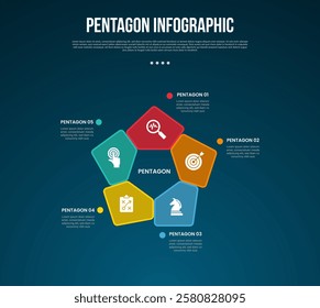 pentagon base shape template infographic with irregular component part structure on center with dark background style for slide presentation vector