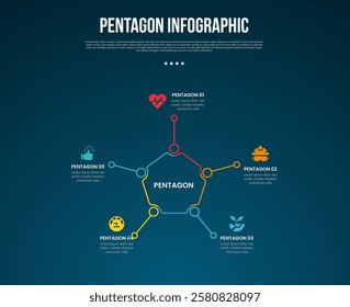 pentagon base shape template infographic with outline line connection with pointer with dark background style for slide presentation vector