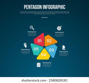 pentagon base shape template infographic with creative slice cut pentagon with dark background style for slide presentation vector