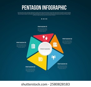 pentagon base shape template infographic with unbalance pentagon shape with circle on center with dark background style for slide presentation vector