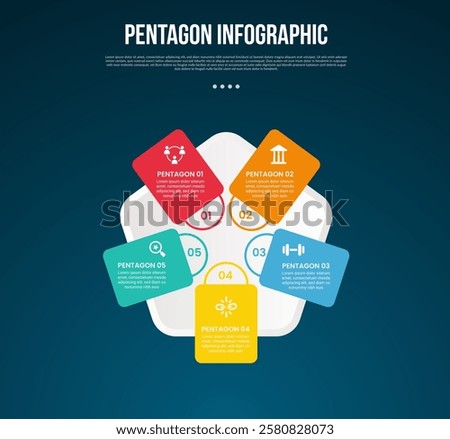 pentagon base shape template infographic with rotated rectangle on polygon sided with dark background style for slide presentation vector