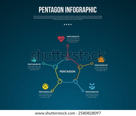pentagon base shape template infographic with outline line connection with pointer with dark background style for slide presentation vector