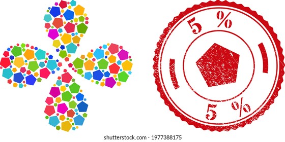 Pentagon bright explosion flower with 4 petals, and red round 5 percent grunge stamp. Pentagon symbol inside round rubber print. Object flower with 4 petals created from random pentagon symbols.