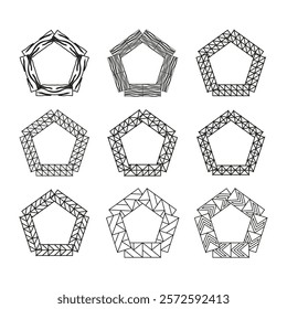 Pentagon decorative frames. Geometric line patterns. Abstract black outlines. Vector illustration.