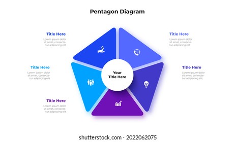 Pentagon is divided into 5 parts. Concept of five options of business project management. Vector illustration for data analysis visualization.