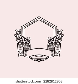 pentagon emblem logo with leaf and flower ornament.