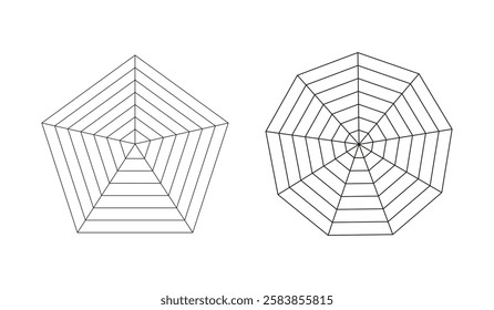 Pentagon, enneagon radars, spider diagram templates. Spider mesh layout. Polygon graphs mockup. Diagrams for statistic, analytic. Blank radar charts. Coaching tool. Grid with segments.