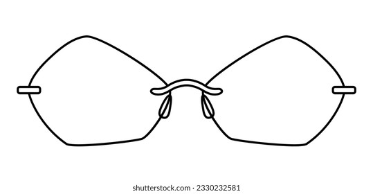 Ilustración de accesorios de gafas de marco de Pentágono. Vista frontal de vidrio solar para hombres, mujeres, estilo de silueta unisex, anteojos de gafas de llanto plano con contorno de esbozo de lente aislado en fondo blanco