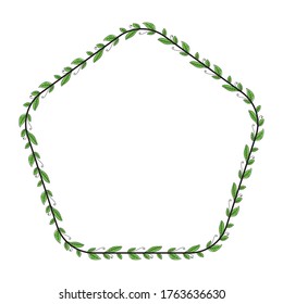 forma de marco pentágono con motivos de hoja verde, borde de texto con estilo natural.