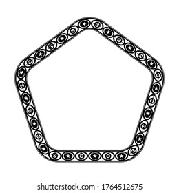 pentagon frames with abstract motifs, borders with retro or vintage style, delimiter text in black and isolated white background.