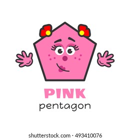 Pentagon geometric shape vector illustration for kids. Cartoon pink pentagon character with face and hands for preschool or primary school children. Card with funny geometric shape for kids
