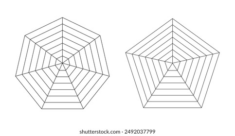 Pentagon, heptagon radar, spider diagram templates. Spider mesh icon. Polygon graph symbol. Diagram for statistic, analytic. Blank radar charts. Coaching tool. Grid with segments. Graphic illustration