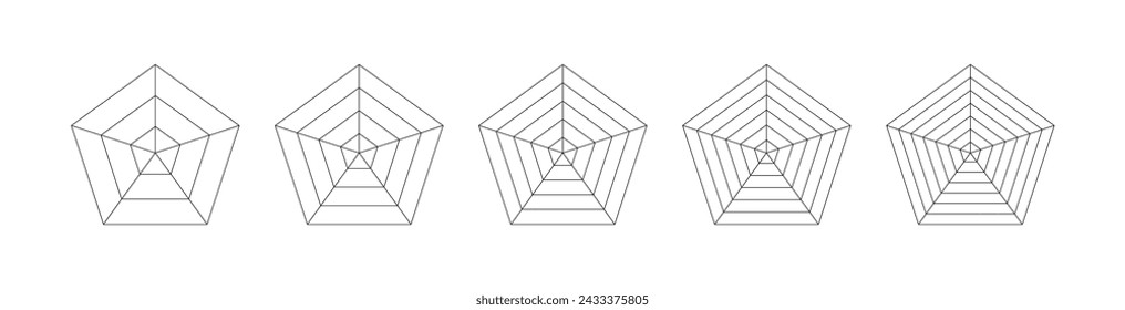 Fünfeck- und Sechseckdiagramm für 5-Punkt-Radar- oder Spinnendiagramme zur Visualisierung von Daten mit strukturiertem Graphenansatz. Flache Vektordarstellung auf weißem Hintergrund isoliert.