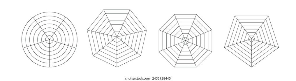 Pentagon and hexagon chart , for 5 point radar or spider diagrams. for visualizing data with structured graph approach. Flat vector illustration isolated on white background.