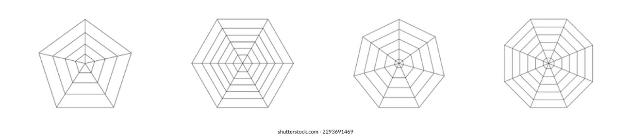 Diagramas de pentágono, hexágono, heptágono, octógono divididos en segmentos iguales. Gráfico de radar o araña, patrón de seguimiento de la rueda de vida o hábitos aislado en fondo blanco. Ilustración gráfica del vector