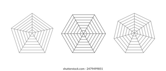 Pentagon, hexagon, heptagon radar, spider diagram template. Spider mesh. Polygon graph. Diagram for statistic and analytic. Blank radar chart. Simple coaching tool. Grid with segments.