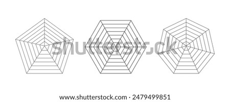 Pentagon, hexagon, heptagon radar, spider diagram template. Spider mesh. Polygon graph. Diagram for statistic and analytic. Blank radar chart. Simple coaching tool. Grid with segments.