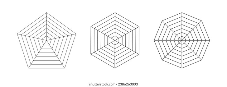 Gráficos de pentágono, hexágono, octógono. Colección de plantillas de arañas de radar. Malla araña. Conjunto de gráficos de radar en blanco. Diagramas de web planos para estadística, análisis. Ilustración del contorno del vector.