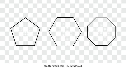 Ícones de pentágono, hexágono e octógono. Geometria vetorial de polígonos pentagonais, hexágonos, octogonais. ilustração moderna.