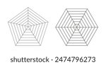 Pentagon and hexagon radar, spider diagram template. Spider mesh. Polygon graphs. Diagram for statistic and analytic. Blank radar charts. Simple coaching tool. Grid with segments. Graphic illustration