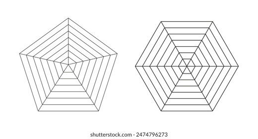 Pentagon and hexagon radar, spider diagram template. Spider mesh. Polygon graphs. Diagram for statistic and analytic. Blank radar charts. Simple coaching tool. Grid with segments. Graphic illustration