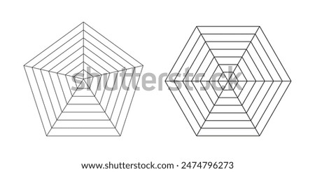 Pentagon and hexagon radar, spider diagram template. Spider mesh. Polygon graphs. Diagram for statistic and analytic. Blank radar charts. Simple coaching tool. Grid with segments. Graphic illustration